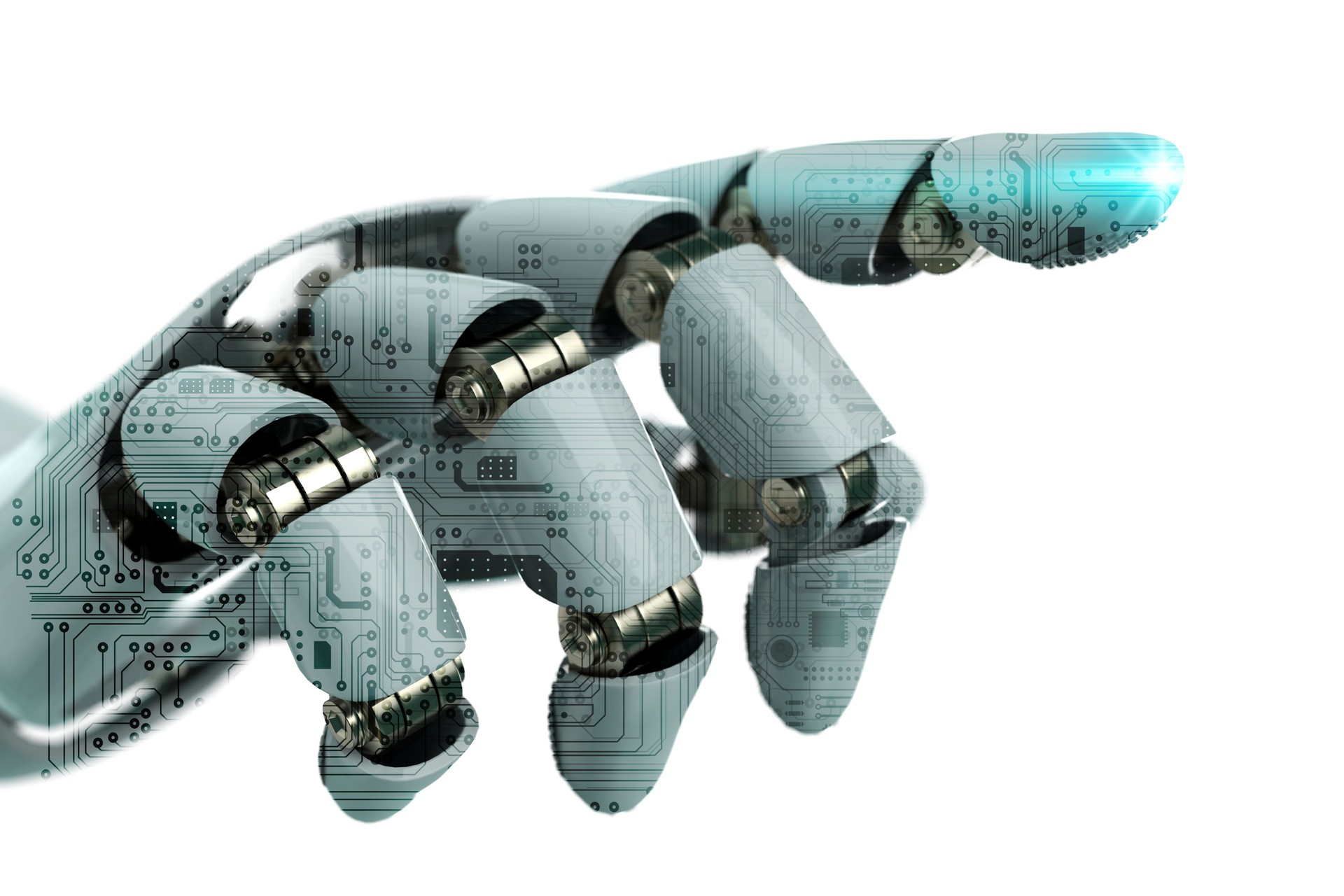 3d rendering of a robotic arm with fingers and the index finger pointing out stock photo
